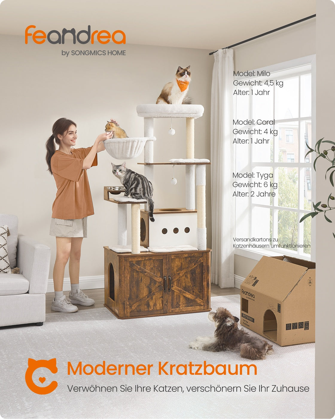 Katzenkratzbaum 170 cm – Großer Kratzbaum mit Katzenhaus – Erhöhte Futternäpfe & Stauraum