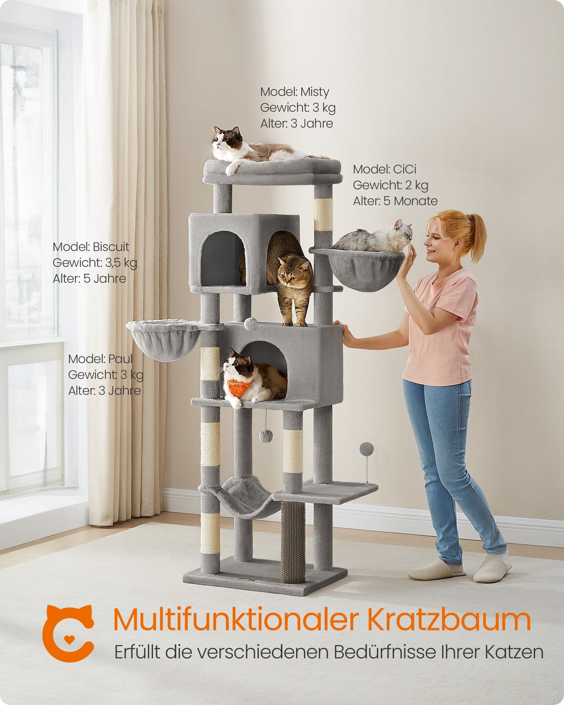 Luxus-Kratzbaum Mit Mehreren Etagen – Komfortables Katzenhaus Mit Hängematte, Kratzstämmen und Spielzubehör
