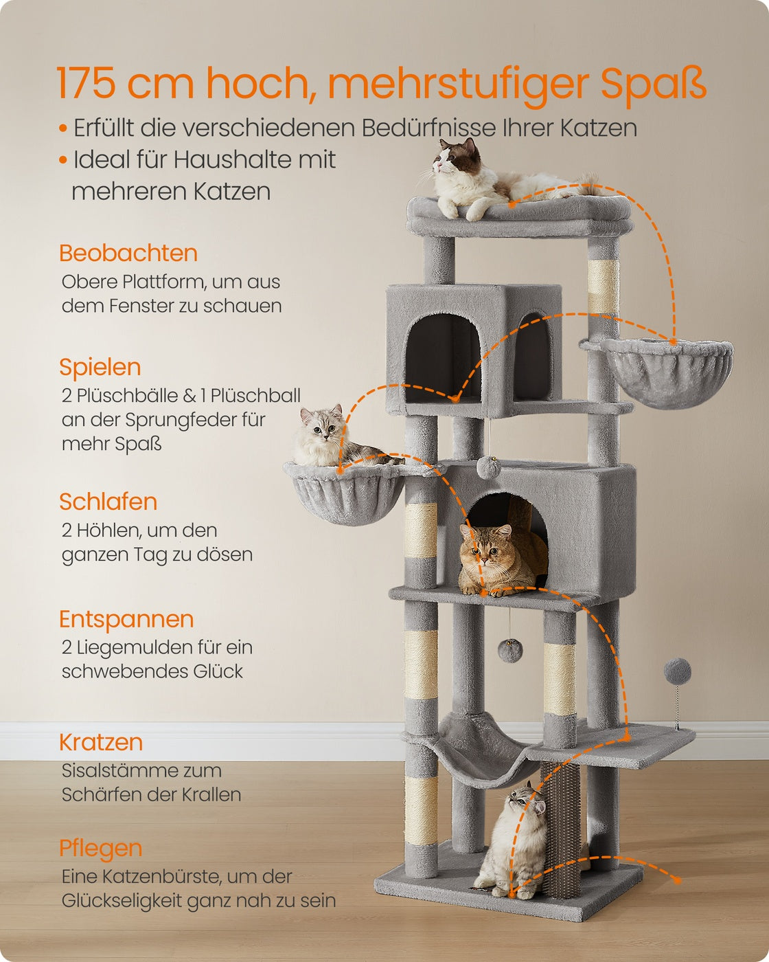 Luxus-Kratzbaum Mit Mehreren Etagen – Komfortables Katzenhaus Mit Hängematte, Kratzstämmen und Spielzubehör