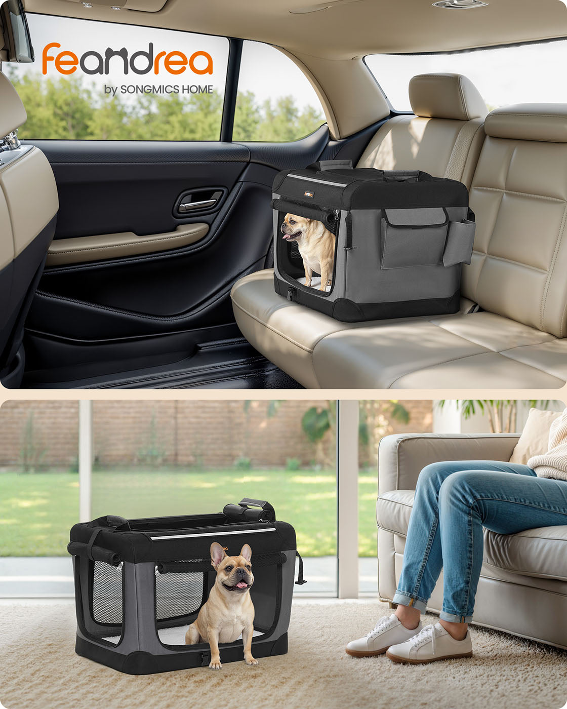 Faltbare Hundebox 76 cm – Tragbare Hundetransportbox mit Netztüren und Sherpa-Kissen – Schwarz – Bis zu 25 kg