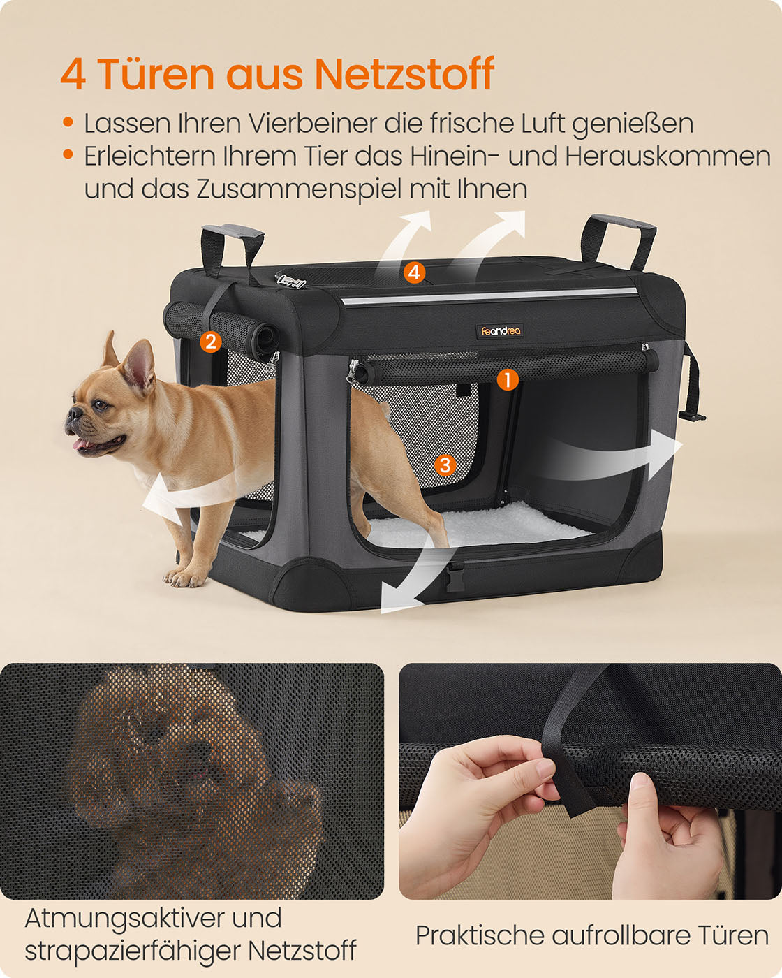 Faltbare Hundebox 76 cm – Tragbare Hundetransportbox mit Netztüren und Sherpa-Kissen – Schwarz – Bis zu 25 kg