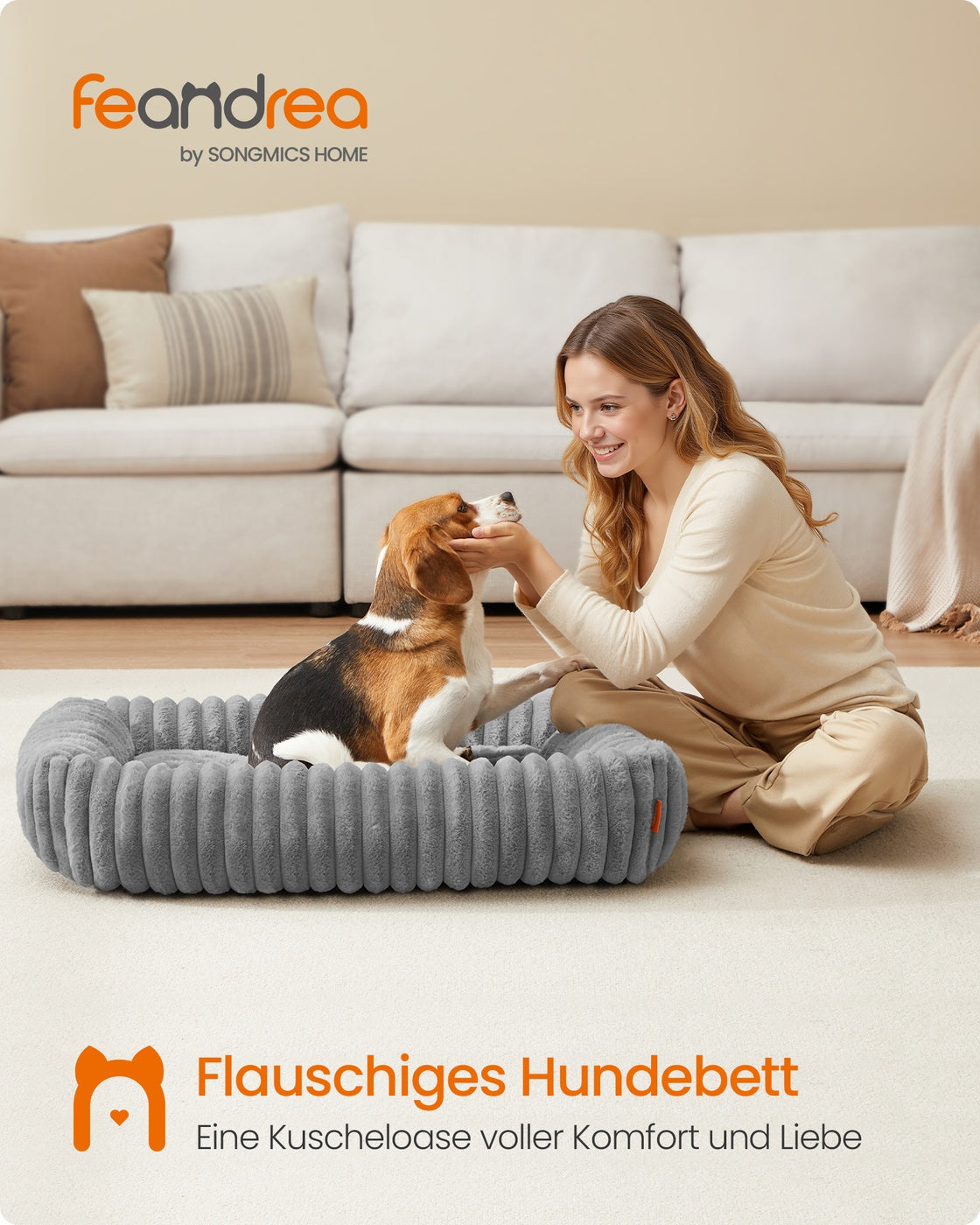 Hundebett – Mittelgroß Orthopädisch – Waschbar – Weiches Geripptes Kunstkaninchenfell – 71 x 55 x 18 cm – 1,7 kg