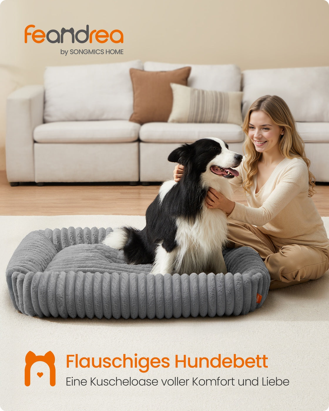 Hundebett – Mittelgroß Orthopädisch – Waschbar – Weiches Geripptes Kunstkaninchenfell – 71 x 55 x 18 cm – 1,7 kg