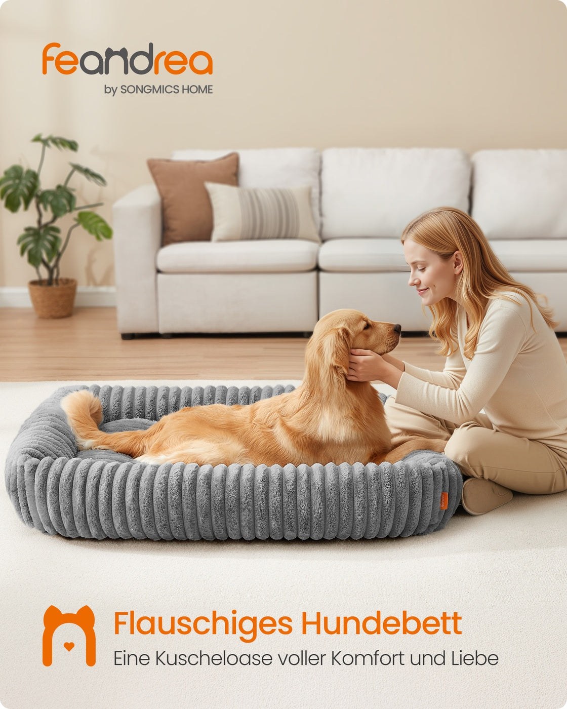 Hundebett – Mittelgroß Orthopädisch – Waschbar – Weiches Geripptes Kunstkaninchenfell – 71 x 55 x 18 cm – 1,7 kg
