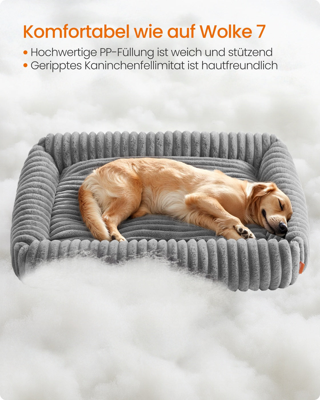 Hundebett – Mittelgroß Orthopädisch – Waschbar – Weiches Geripptes Kunstkaninchenfell – 71 x 55 x 18 cm – 1,7 kg