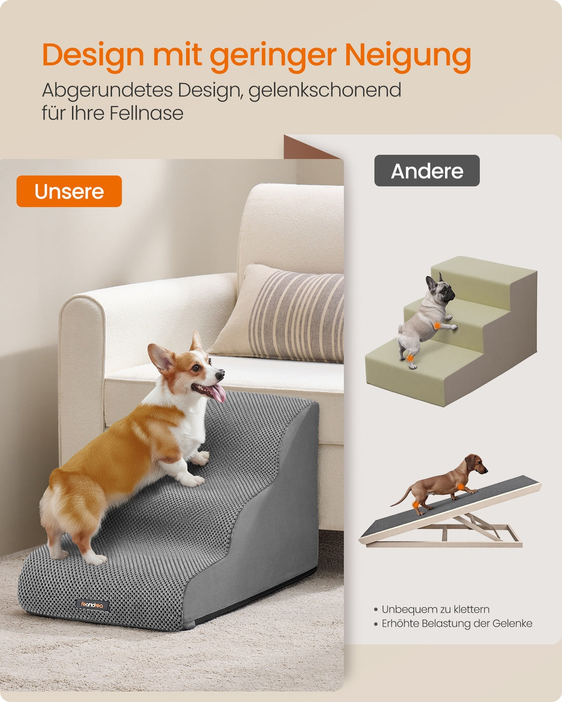 Hundetreppe - 3 Stufen - Rutschfester Bezug - Für Bett Und Sofa