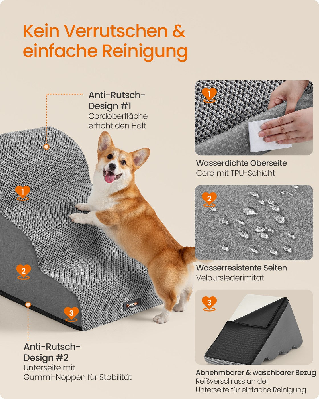 Hundetreppe - 3 Stufen - Rutschfester Bezug - Für Bett Und Sofa