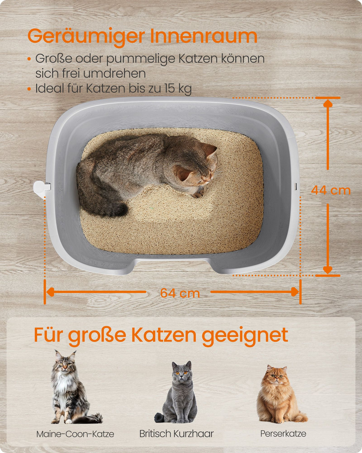 Extra große Katzentoilette mit hohen Wänden – Inklusive Streuauffangbehälter, Aufbewahrungsbox und Schaufel – Für große Katzen bis 15 kg – Taubengrau