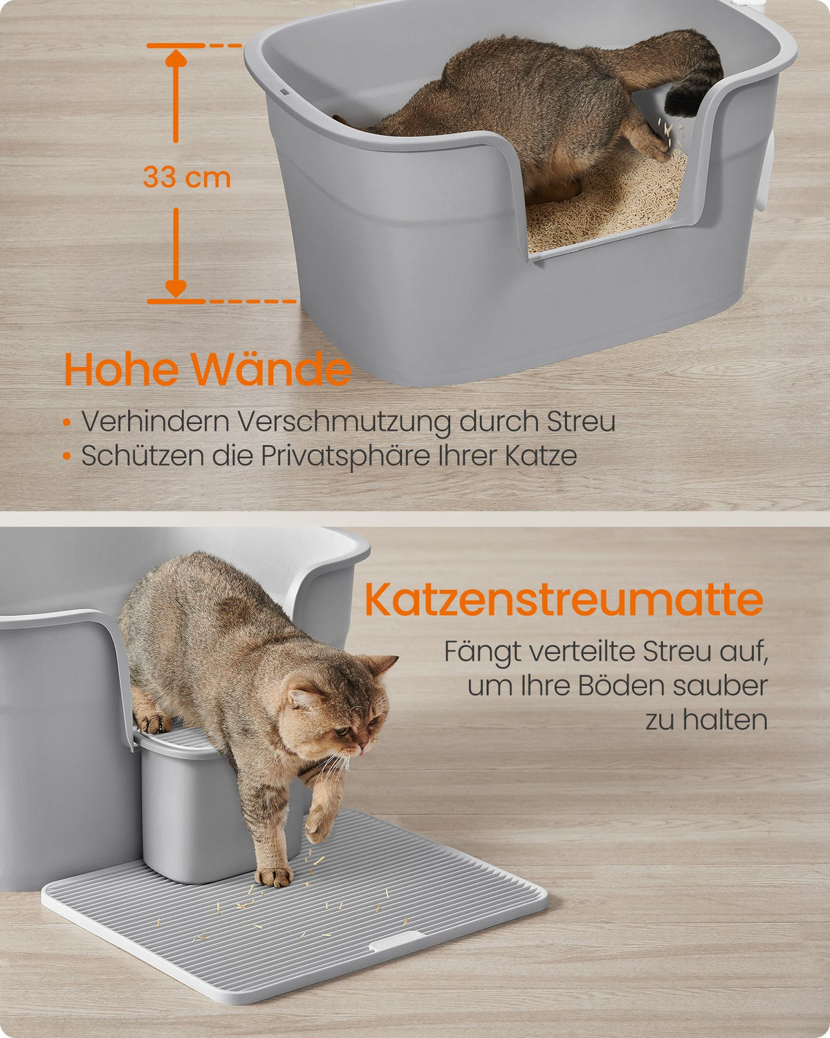Extra große Katzentoilette mit hohen Wänden – Inklusive Streuauffangbehälter, Aufbewahrungsbox und Schaufel – Für große Katzen bis 15 kg – Taubengrau