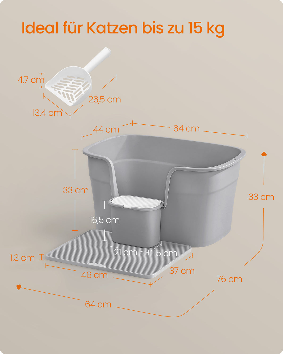 Extra große Katzentoilette mit hohen Wänden – Inklusive Streuauffangbehälter, Aufbewahrungsbox und Schaufel – Für große Katzen bis 15 kg – Taubengrau