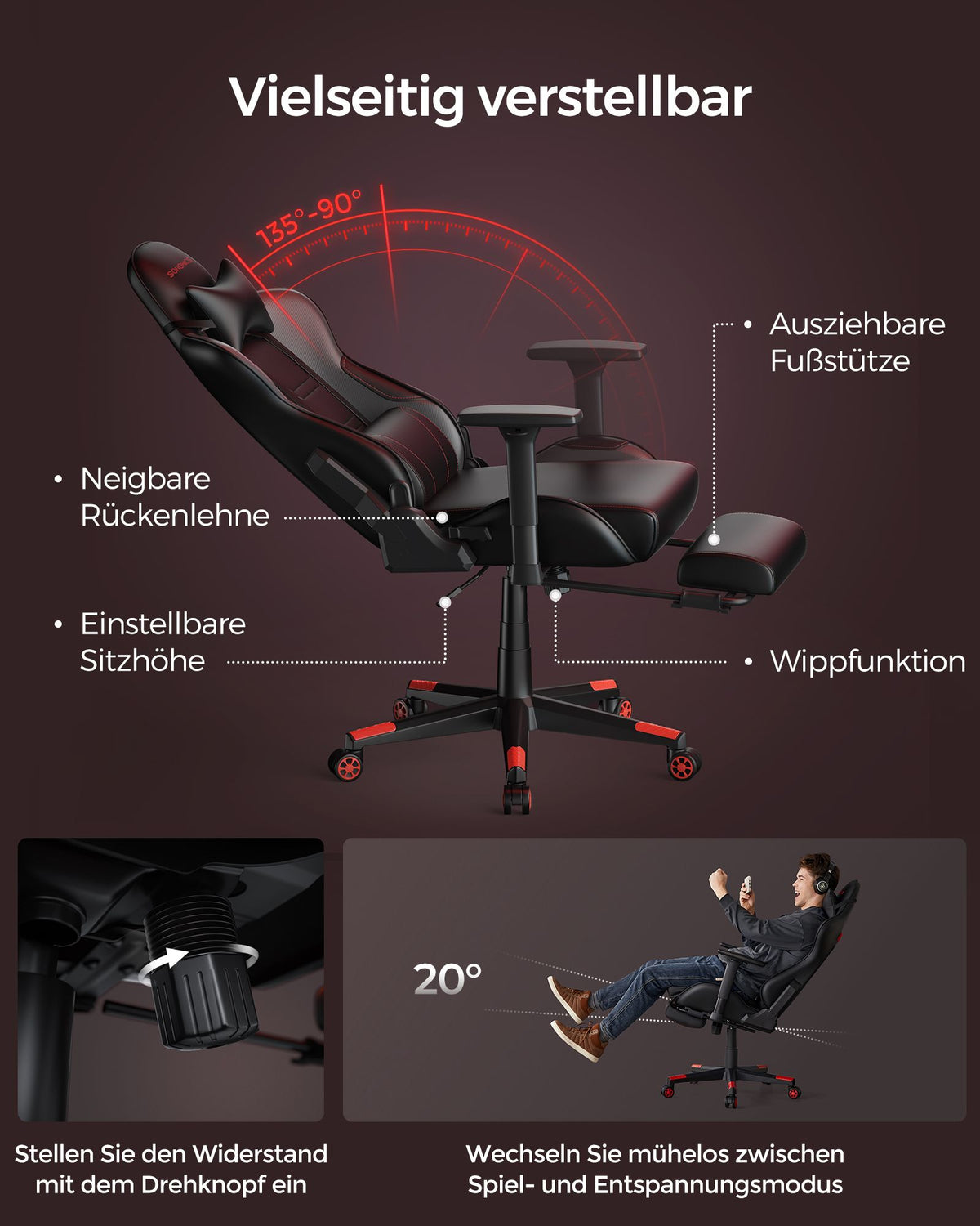 Gaming Bürostuhl – Ergonomisch verstellbar – Mit Fußstütze & Wippfunktion – Belastbar bis 150 kg