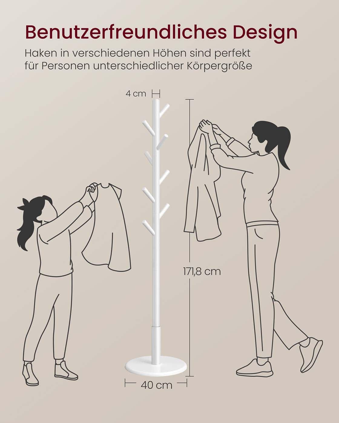Garderobenständer – Massivholz – Freistehend – 3-fach höhenverstellbar – Runder Sockel – Tragkraft 40 kg