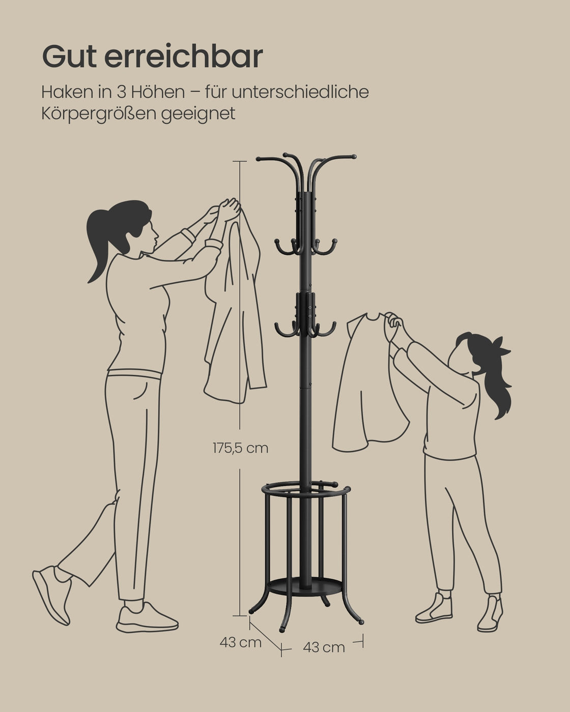 Kleiderständer – Freistehend – Regenschirmhalter – 12 Haken – Metall – 175 cm hoch – 40 x 40 cm