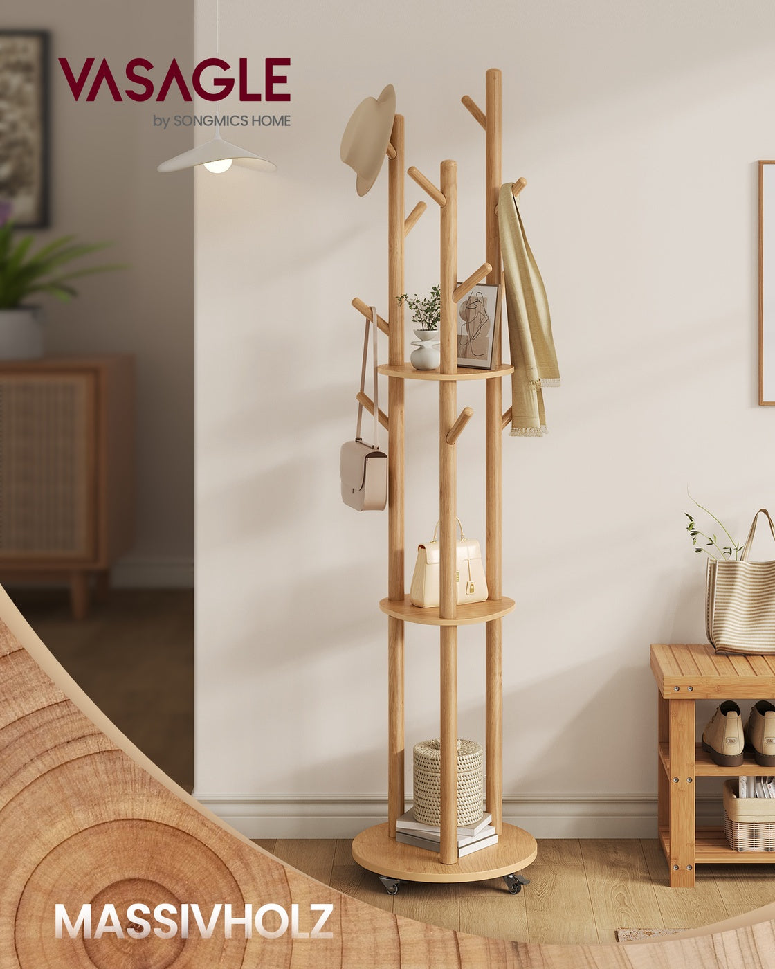 Standgarderobe mit Massivholzregalen und Haken - Mit Rädern