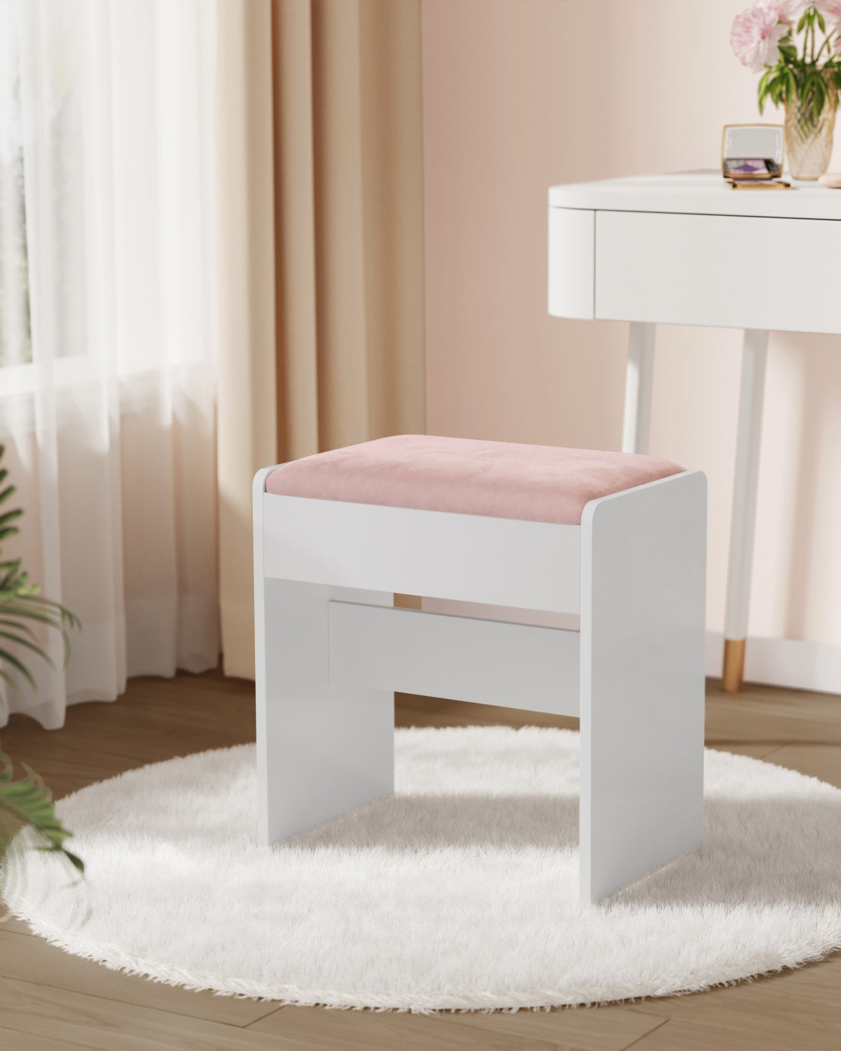 Schminkhocker – Sitzfläche aus Samt – 120 kg Tragkraft – Weißer Holzhocker mit rosa Polsterung