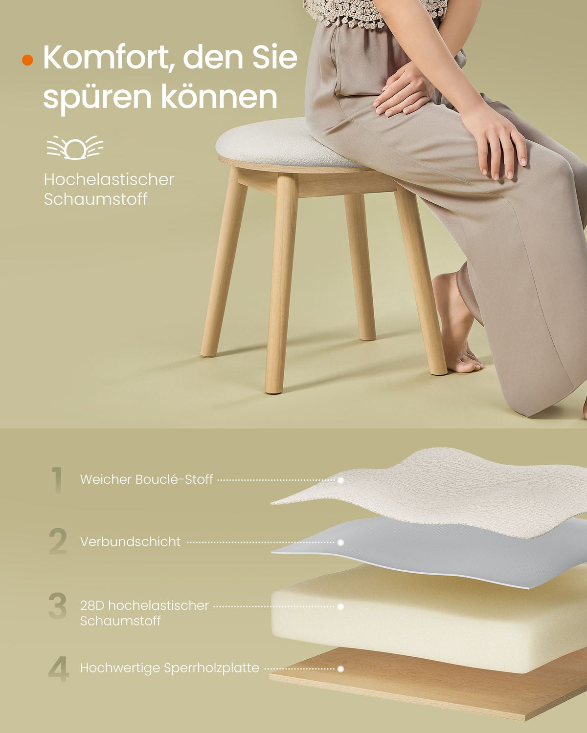 BOHO Hocker – Runder Schminkhocker – Bouclé-Polsterung – Massivholz – 43 cm hoch