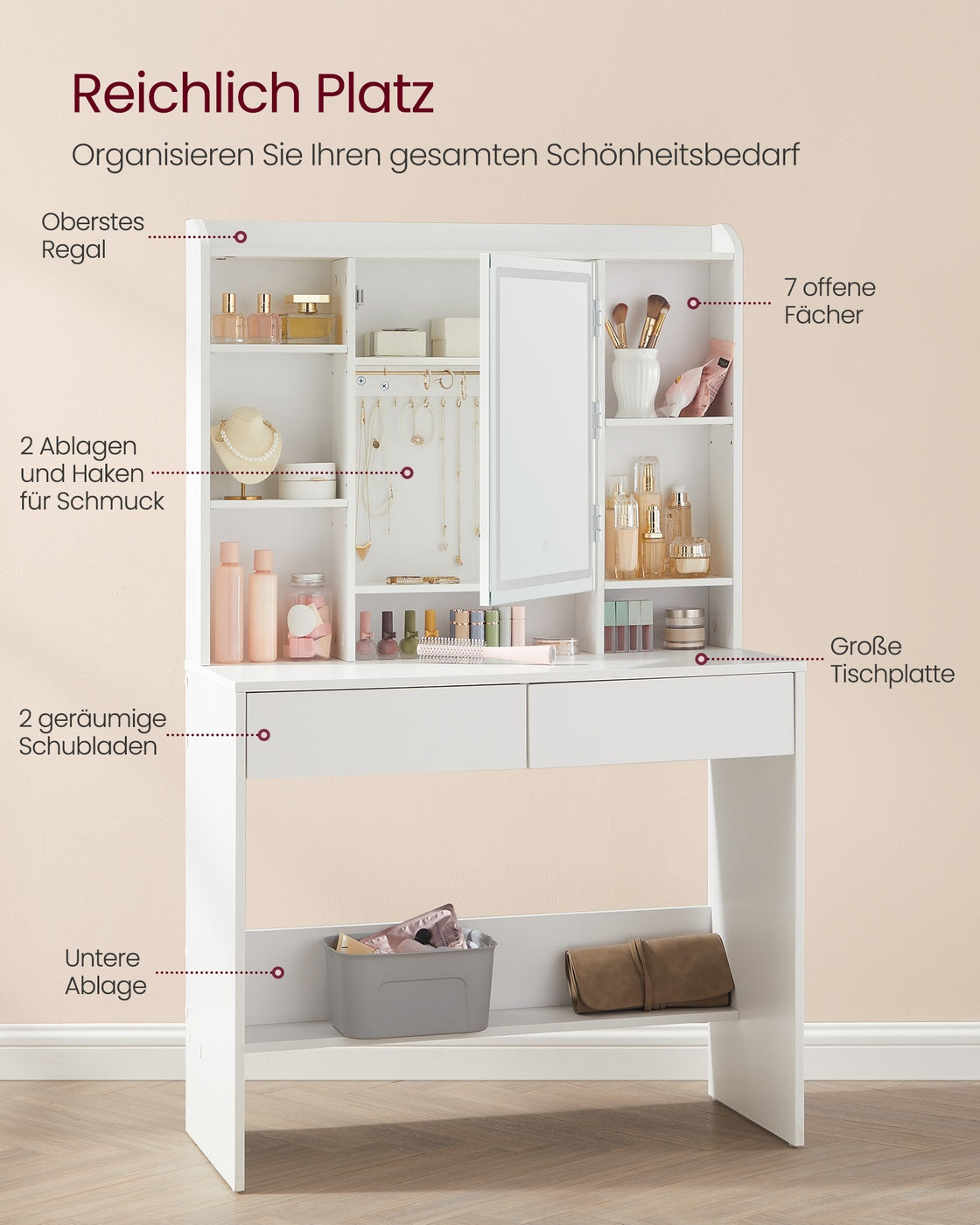 Schminktisch – mit LED-Beleuchtung – Mit 2 Schubladen und Staufächern - Aufklappbarer Spiegel