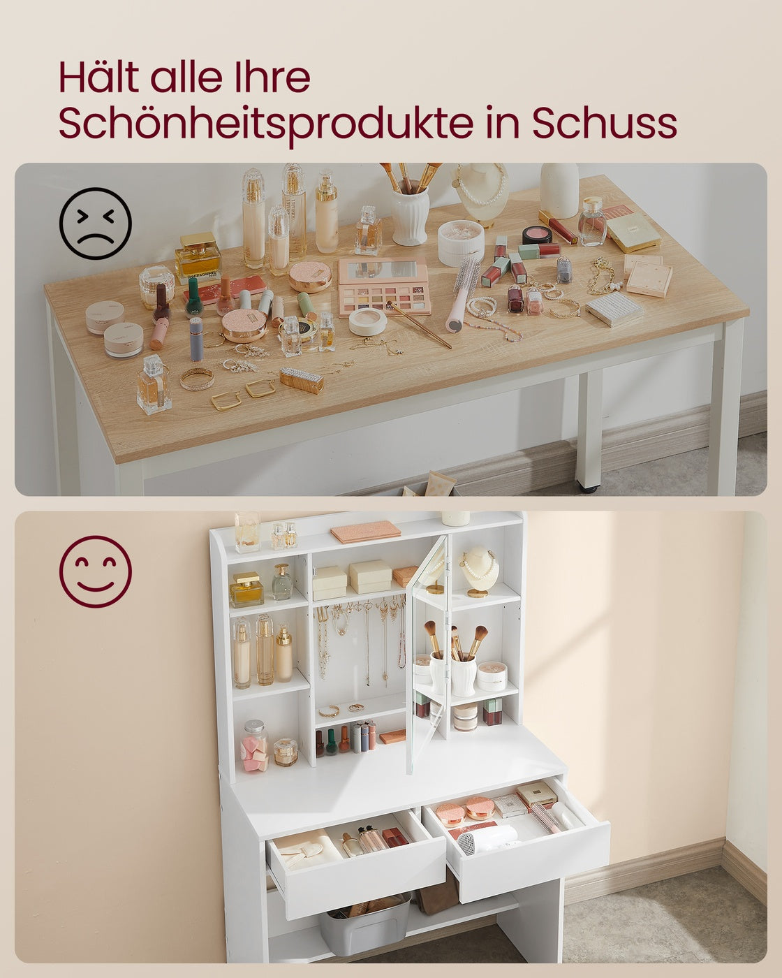 Schminktisch – mit LED-Beleuchtung – Mit 2 Schubladen und Staufächern - Aufklappbarer Spiegel