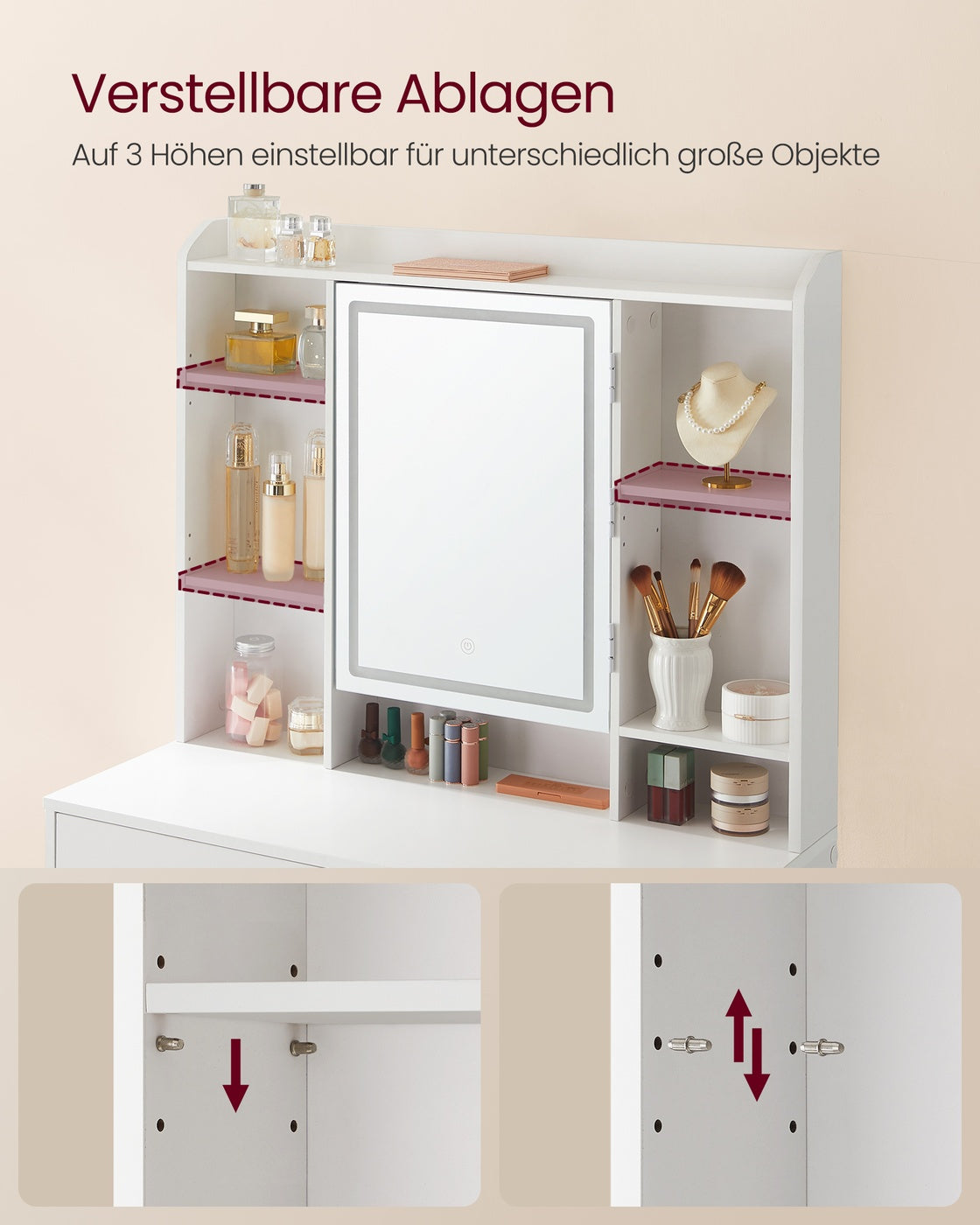 Schminktisch – mit LED-Beleuchtung – Mit 2 Schubladen und Staufächern - Aufklappbarer Spiegel