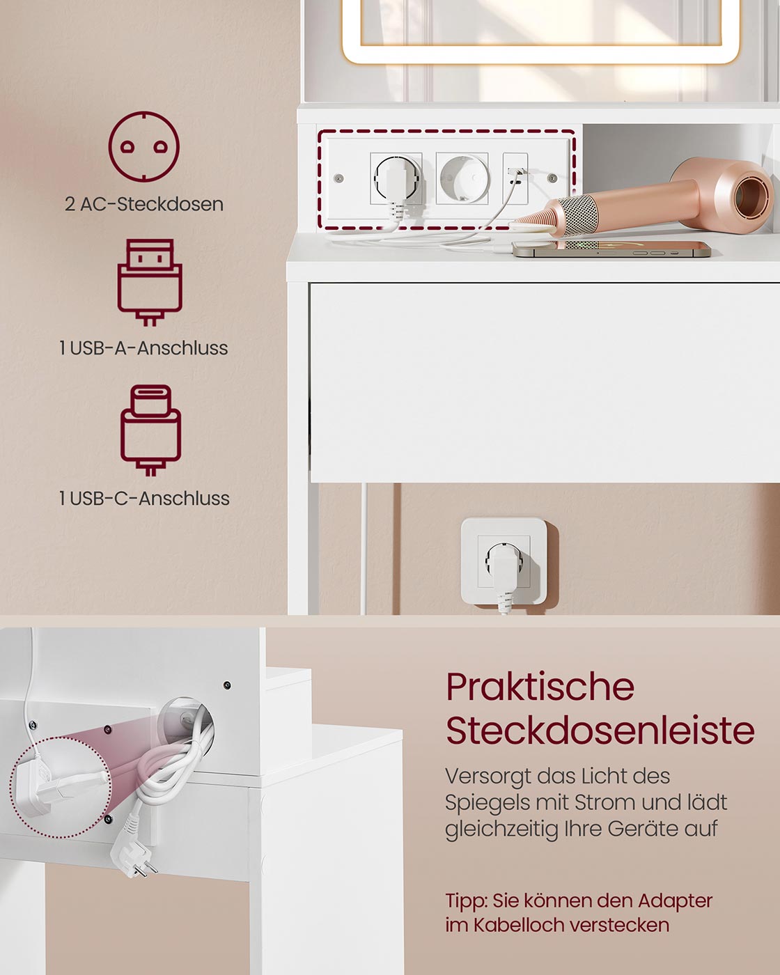 Schminktisch mit LED-Spiegel und Steckdosen – KAILYN-Kollektion