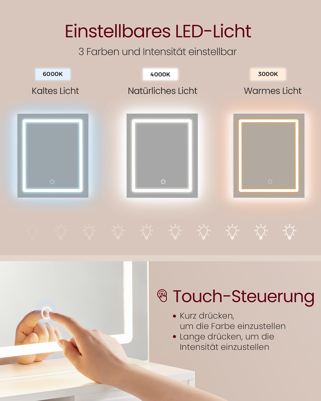 Schminktisch mit LED-Spiegel und Steckdosen – KAILYN-Kollektion