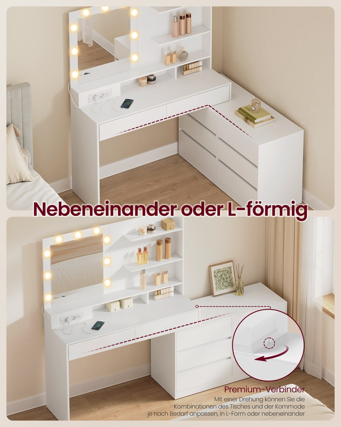 Schminktisch - Kailyn Kollektion - LED-Beleuchtung - Steckdose - 9 Schubladen