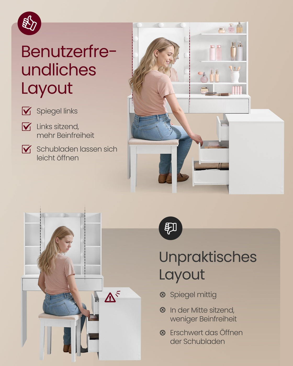 Schminktisch - Kailyn Kollektion - LED-Beleuchtung - Steckdose - 9 Schubladen