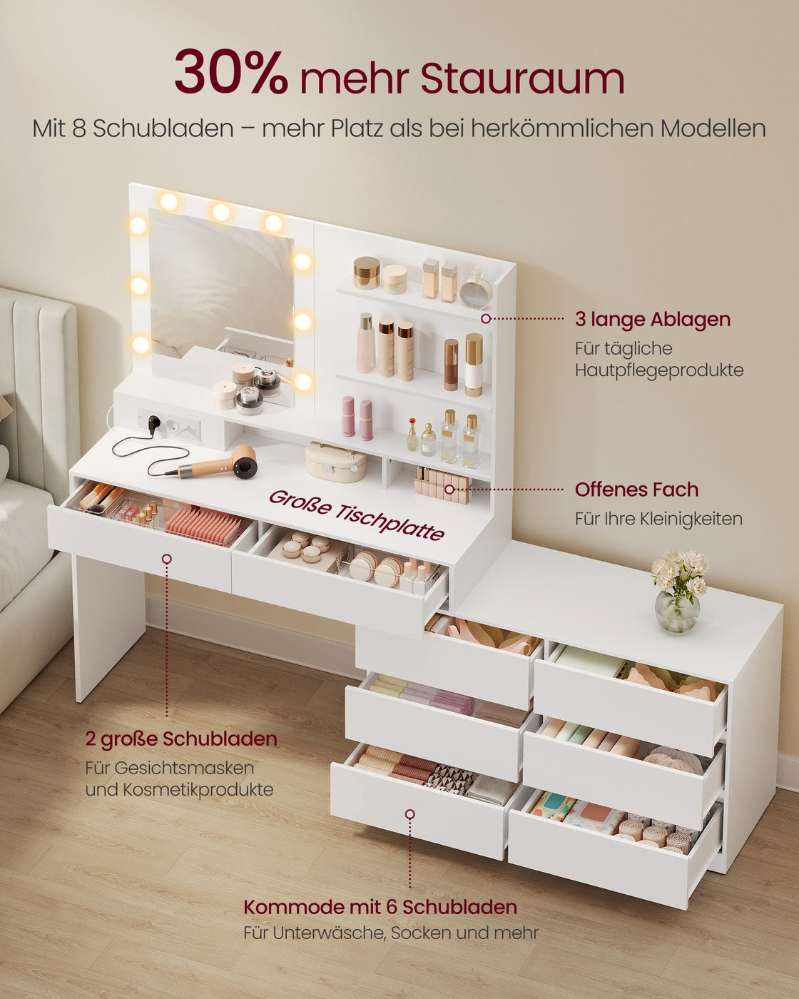 Schminktisch - Kailyn Kollektion - LED-Beleuchtung - Steckdose - 9 Schubladen