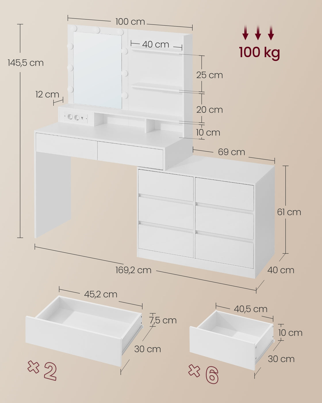 Schminktisch - Kailyn Kollektion - LED-Beleuchtung - Steckdose - 9 Schubladen