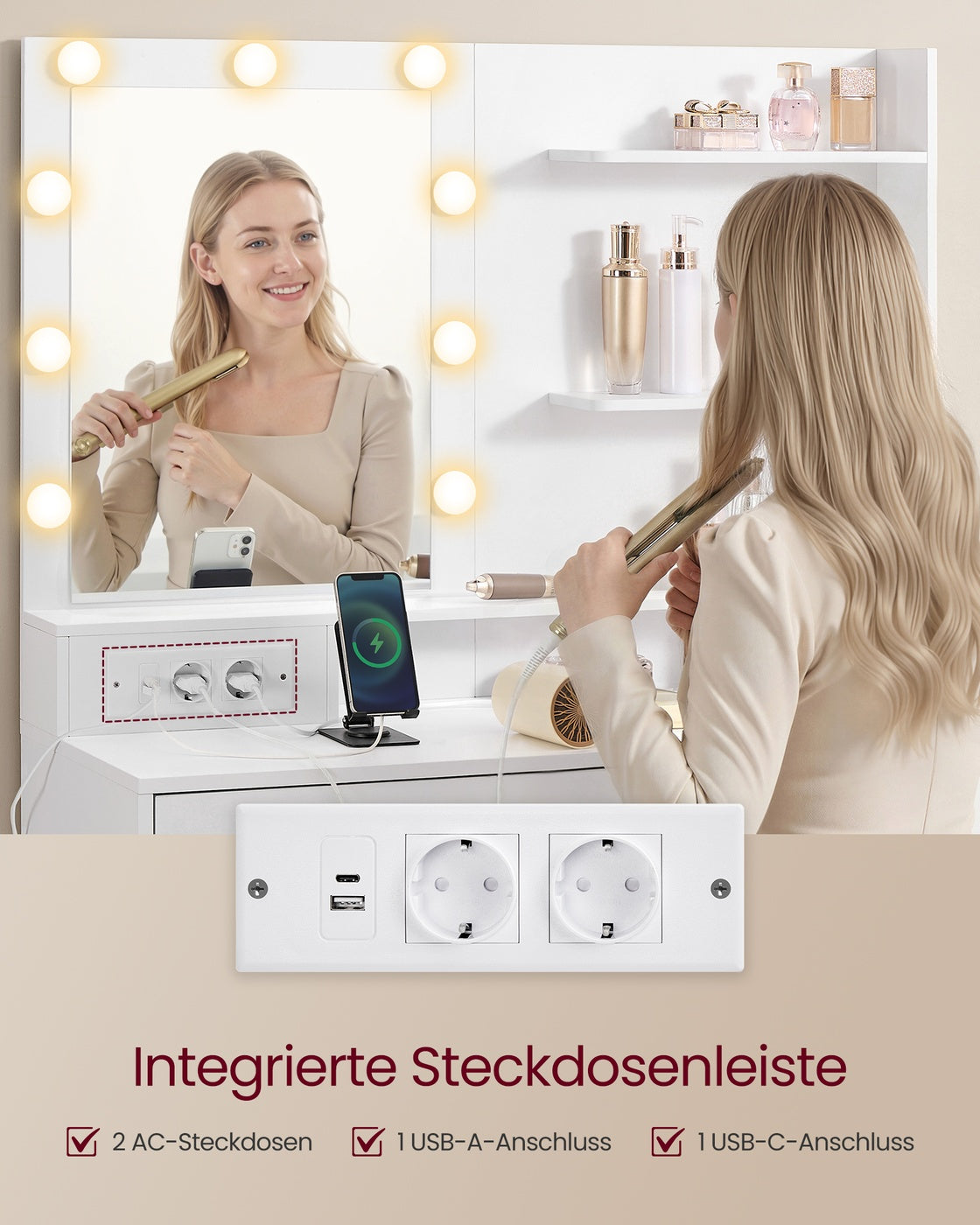 Schminktisch - Kailyn Kollektion - LED-Beleuchtung - Steckdose - 9 Schubladen