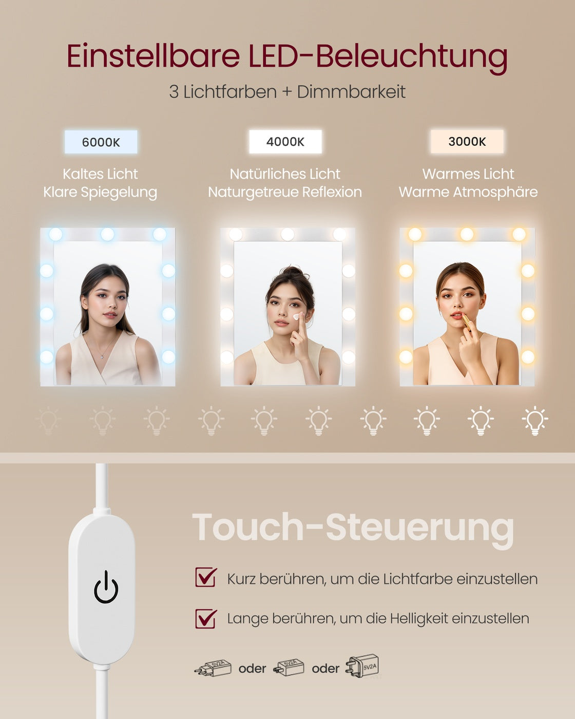 Schminktisch - Kailyn Kollektion - LED-Beleuchtung - Steckdose - 9 Schubladen
