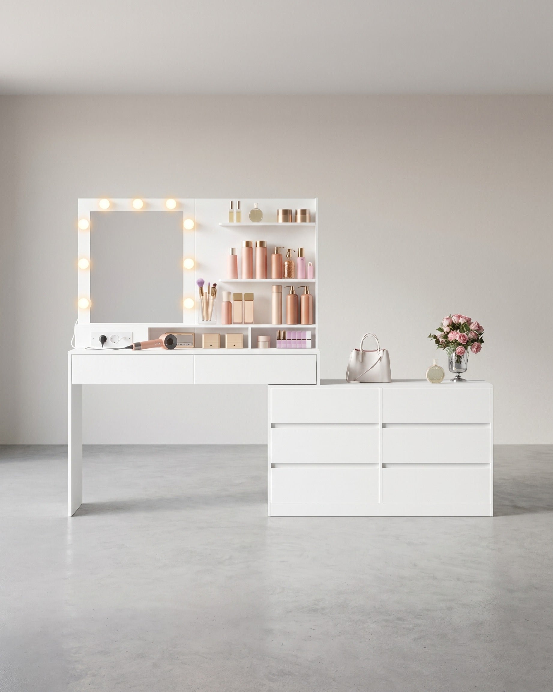 Schminktisch - Kailyn Kollektion - LED-Beleuchtung - Steckdose - 9 Schubladen