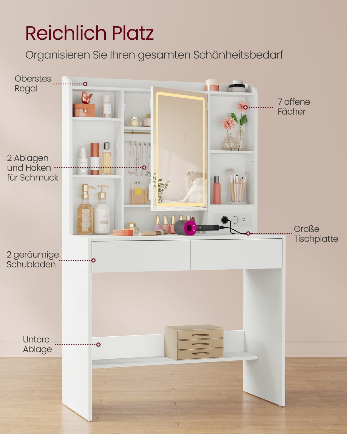 Kompakter Schminktisch Mit Dimmbarem LED-Spiegel - 2 Schubladen - Platzsparendes Design