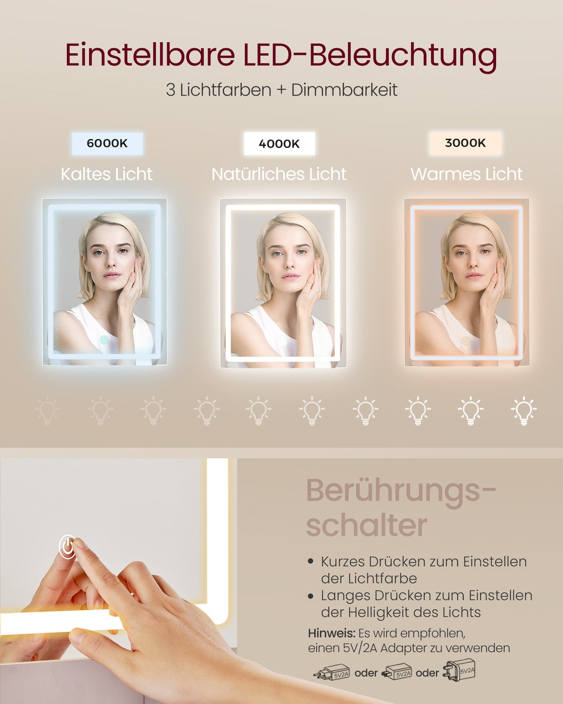 Kompakter Schminktisch Mit Dimmbarem LED-Spiegel - 2 Schubladen - Platzsparendes Design