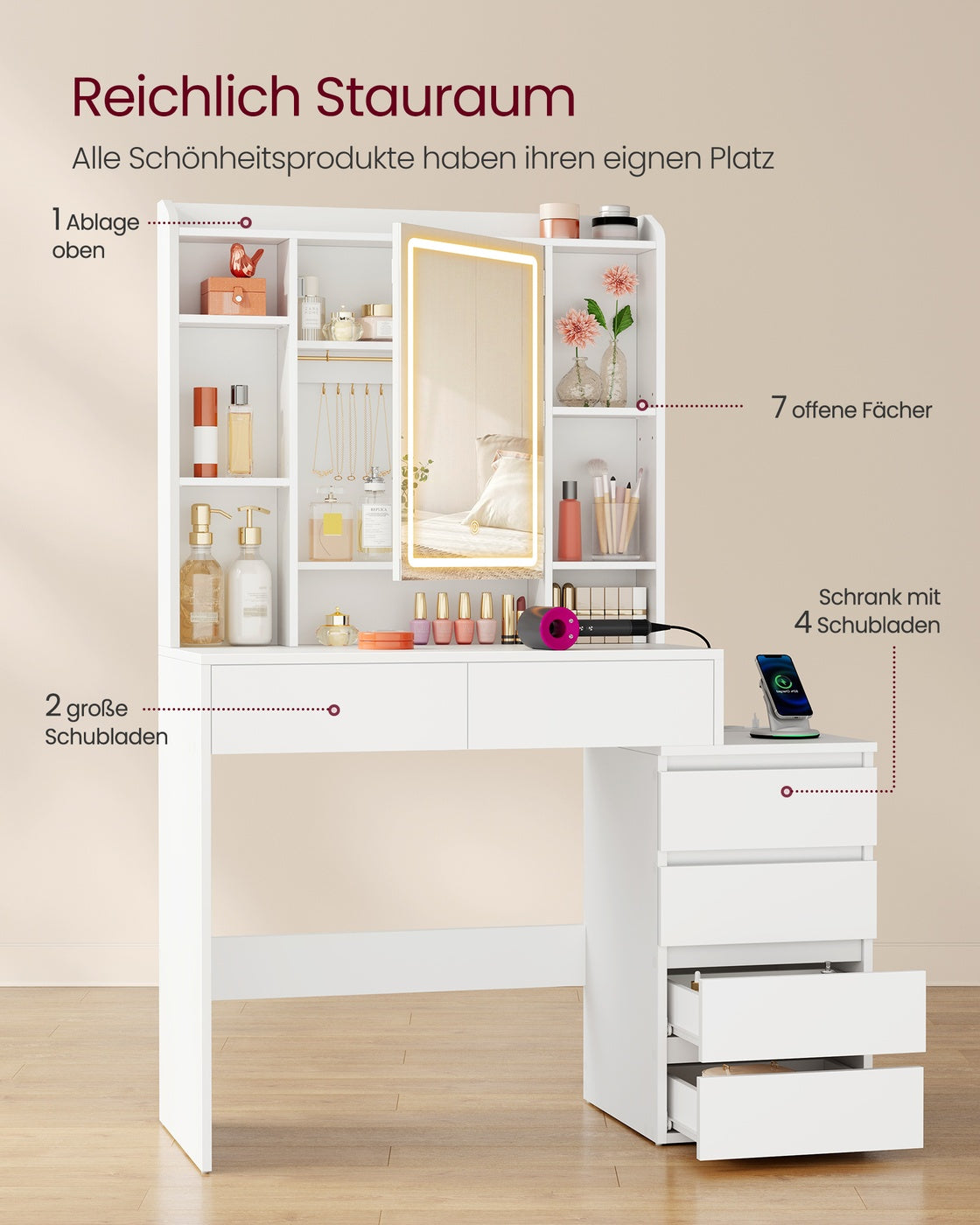 Schminktisch Mit LED-Spiegel Und Steckdosenleiste - Kompaktes Design - Praktische Schubladen