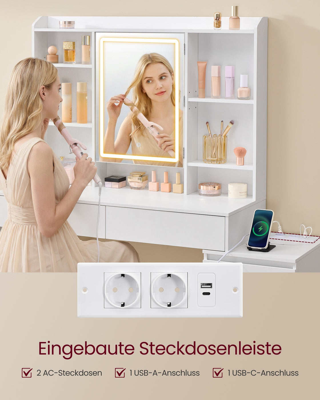 Schminktisch Mit LED-Spiegel Und Steckdosenleiste - Kompaktes Design - Praktische Schubladen