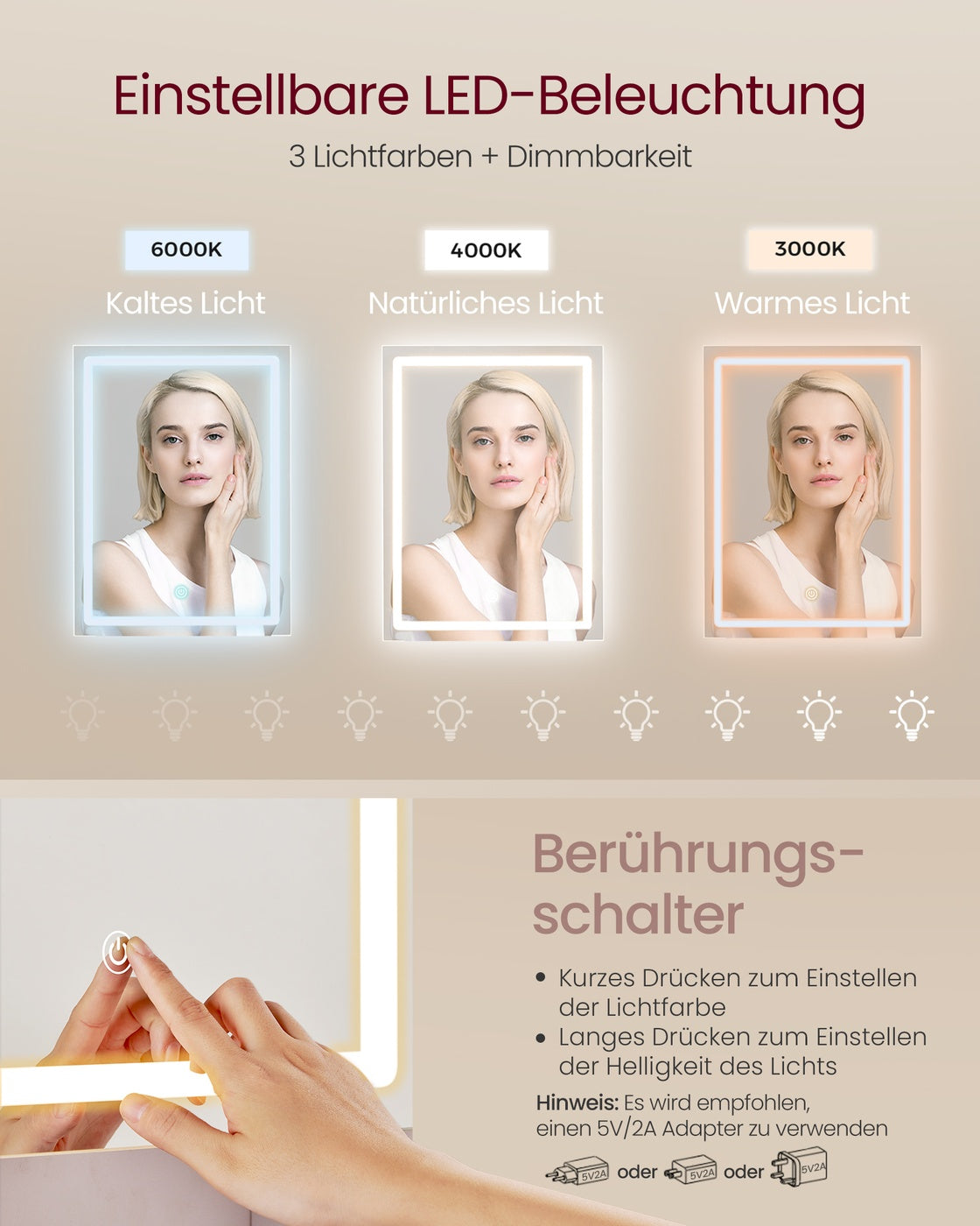 Schminktisch Mit LED-Spiegel Und Steckdosenleiste - Kompaktes Design - Praktische Schubladen