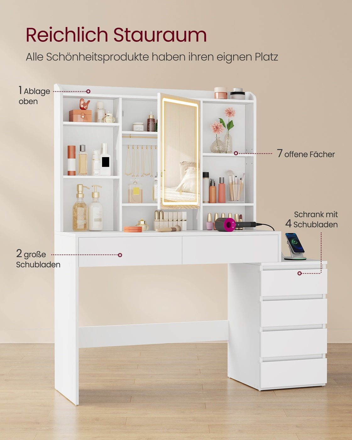 XL Schminktisch Mit LED-Spiegel Und Steckdosenleiste - Große Arbeitsfläche - Inklusive Schubladen