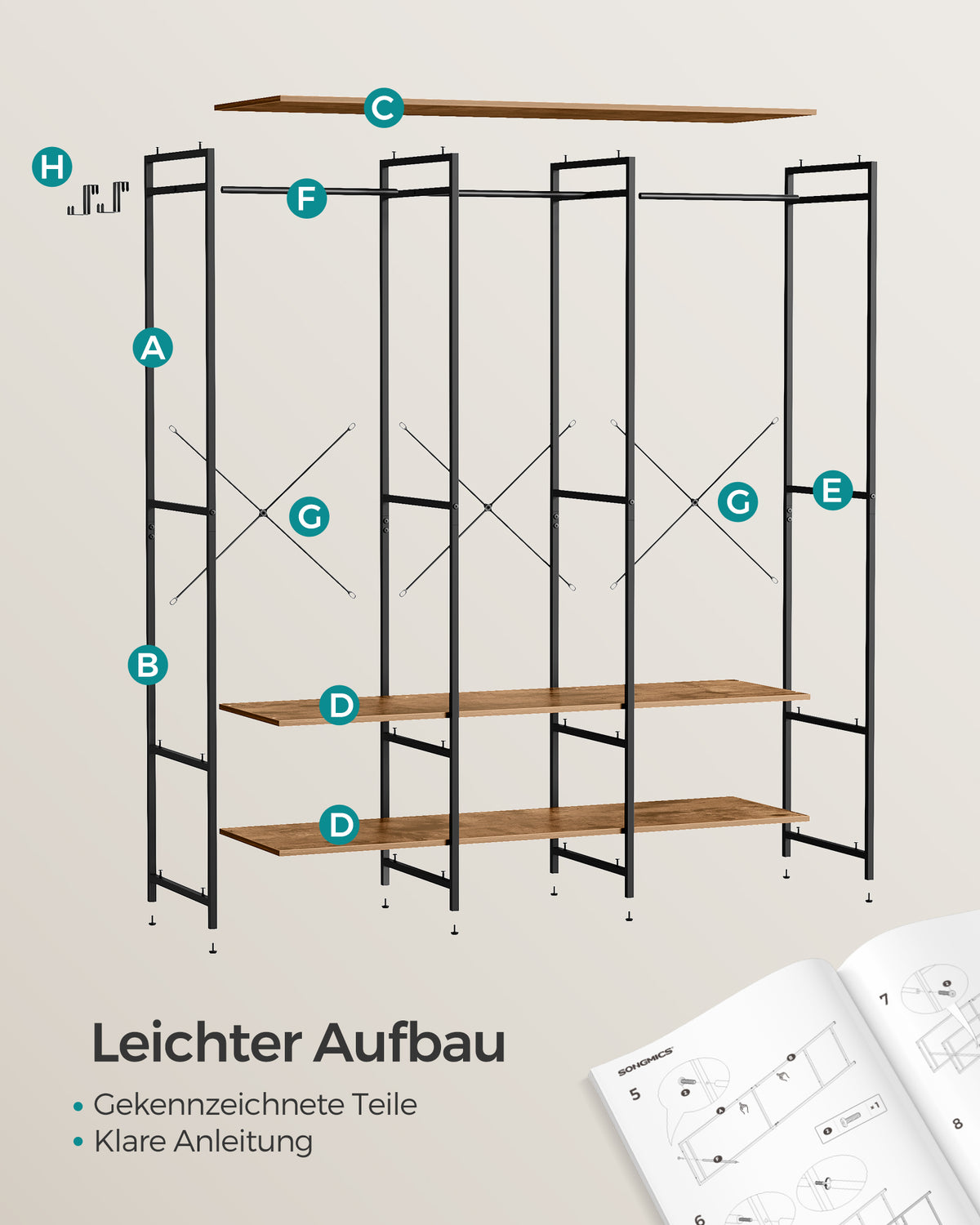 Offener Kleiderschrank mit Metallrahmen und Holzregalen