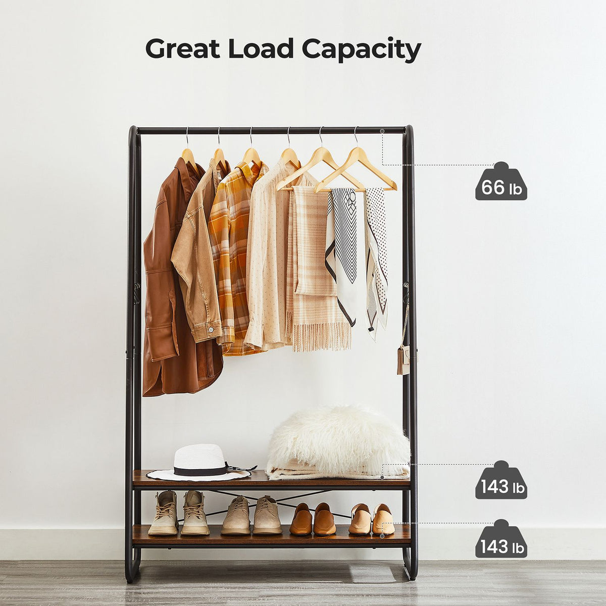 Kleiderständer mit Ablagen – Industriedesign – freistehend – 100 cm breit