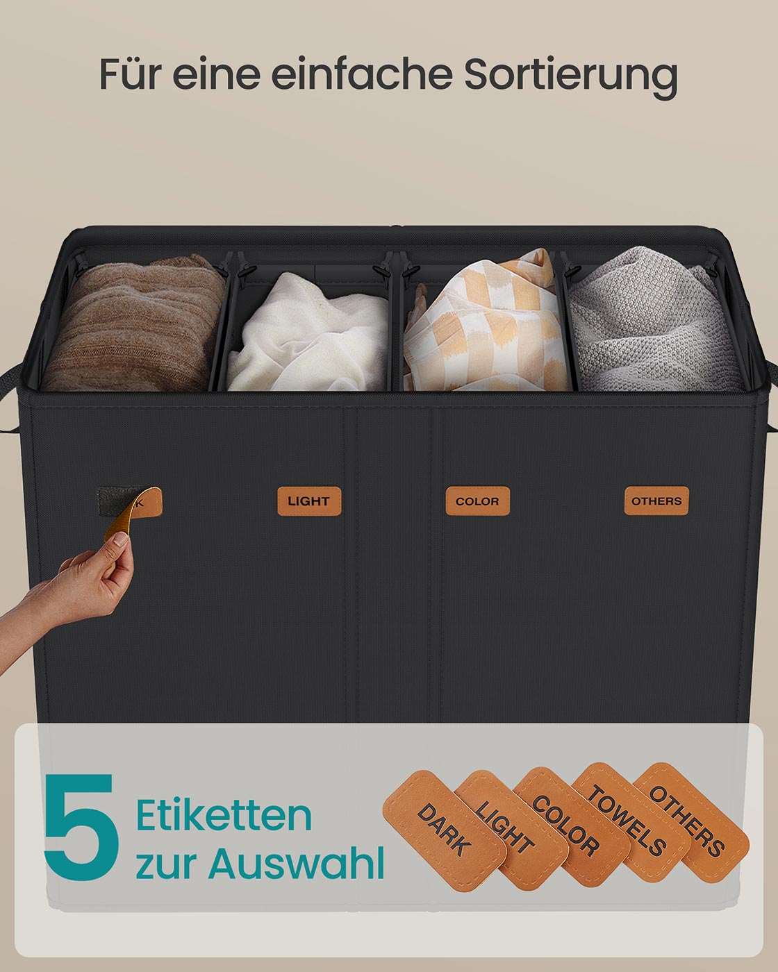 Wäschekorb mit 3 Fächern – 160L/210L – Herausnehmbarer Innenbeutel – Mit Deckel