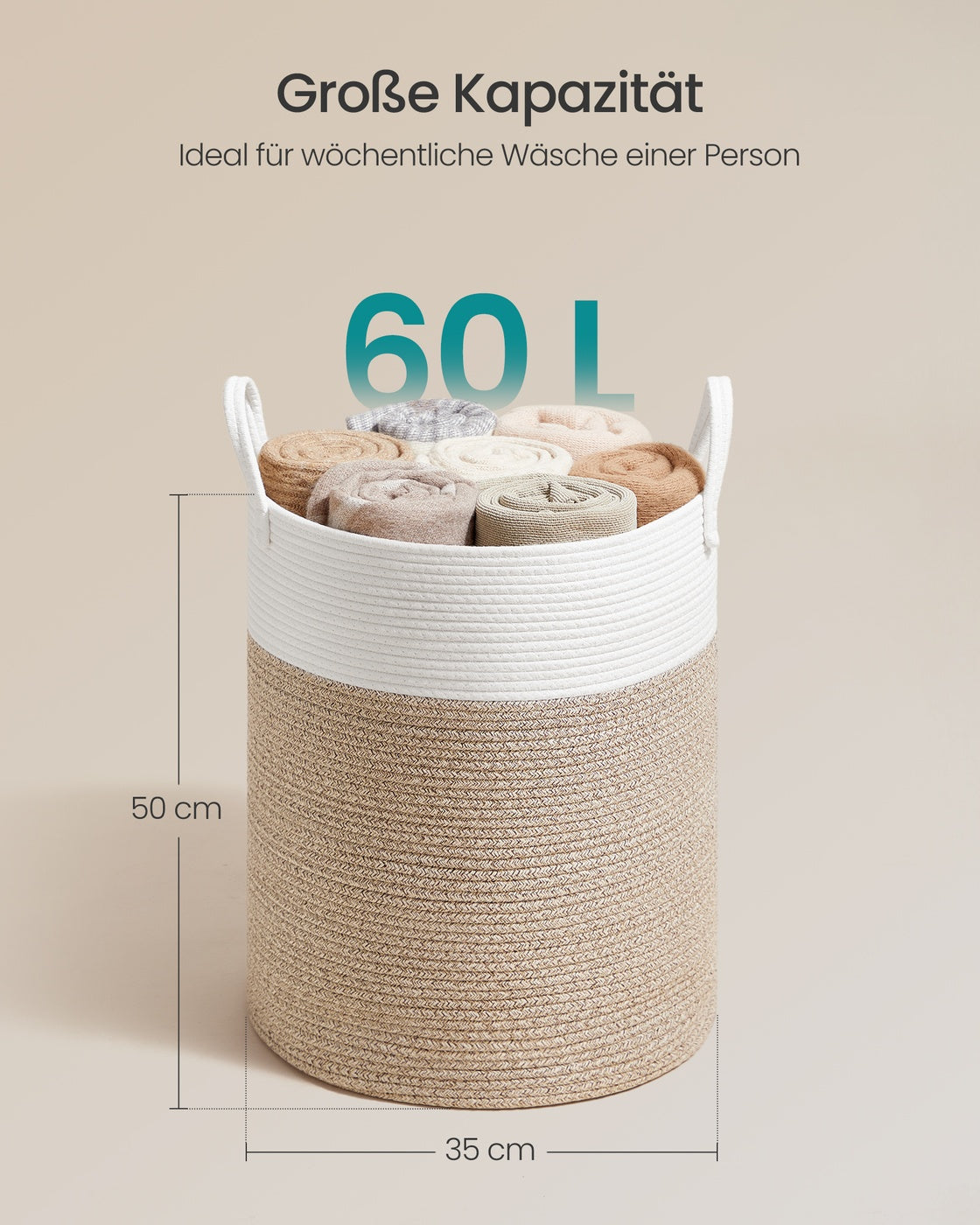Wäschekorb Kinderzimmer - Baumwollseil - 60 Liter Aufbewahrungskorb Mit Griffen