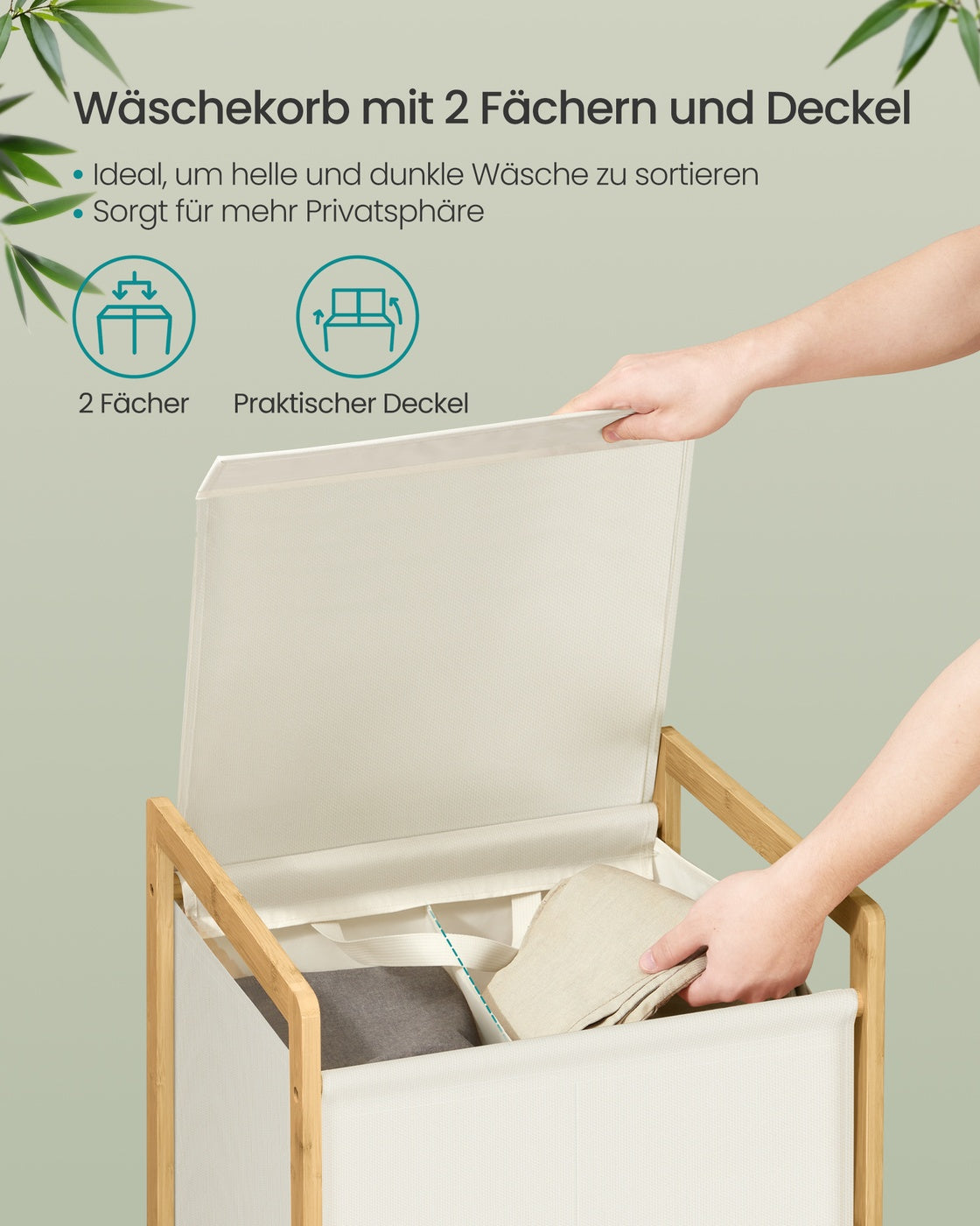 Wäschekorb Mit Bambusrahmen Und Zwei Fächern - 45 cm Breit - Zum Sortieren Der Wäsche