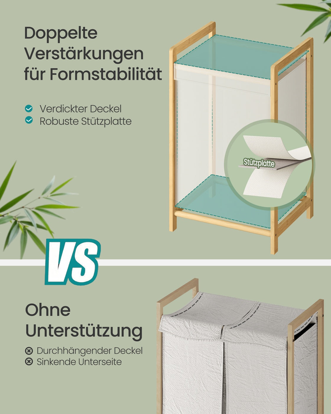 Wäschekorb Mit Bambusrahmen Und Zwei Fächern - 45 cm Breit - Zum Sortieren Der Wäsche