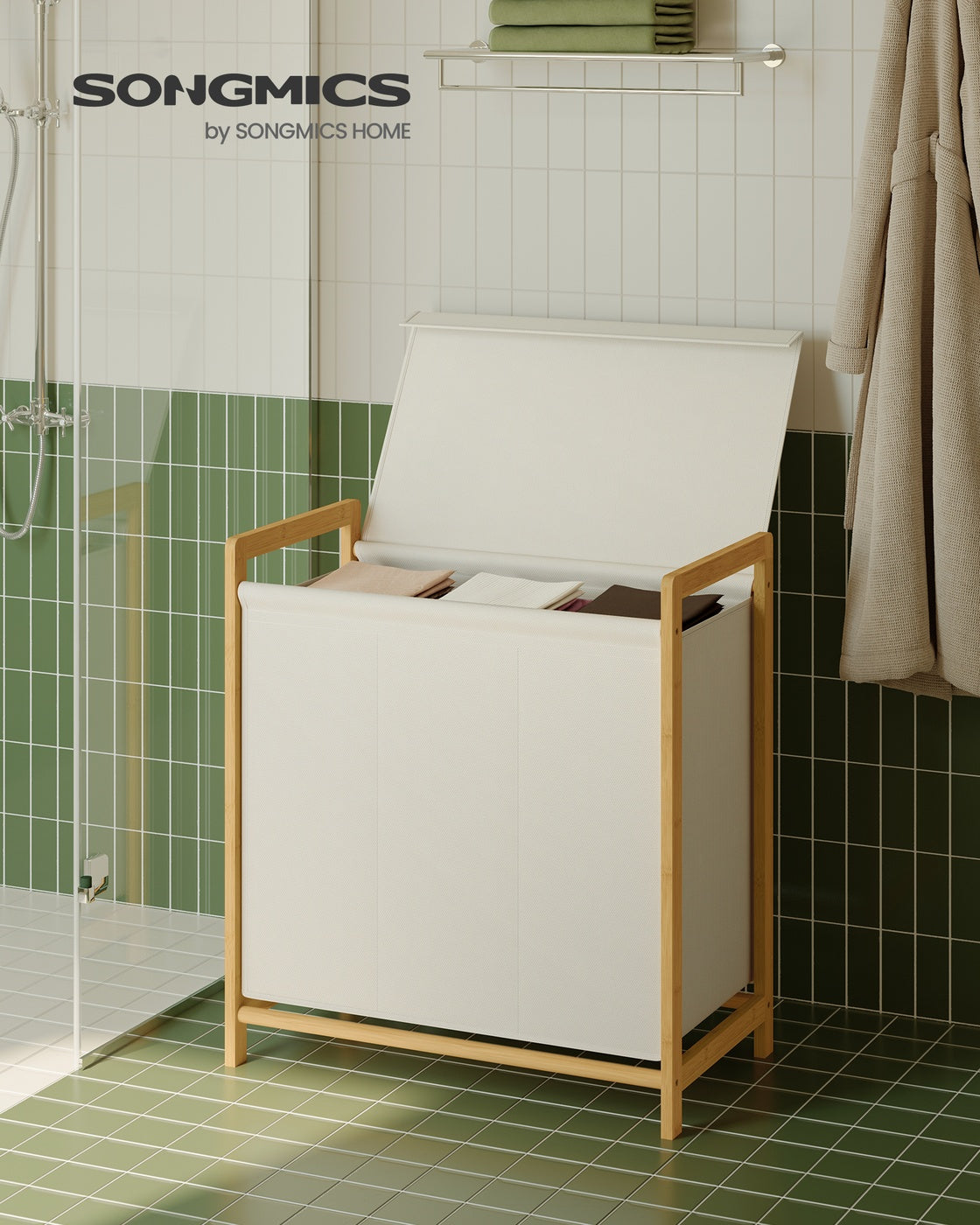 Wäschekorb Mit Bambusrahmen Und Zwei Fächern - 65 cm Breit - Für Größeren Haushalt