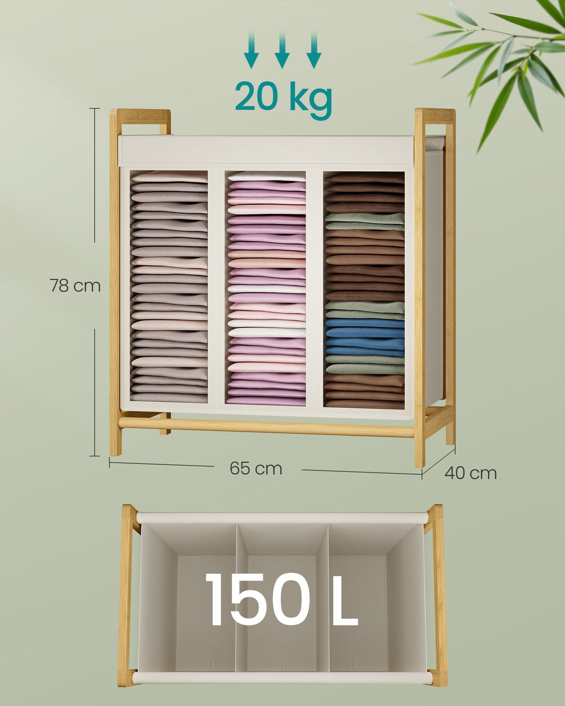 Wäschekorb Mit Bambusrahmen Und Zwei Fächern - 65 cm Breit - Für Größeren Haushalt