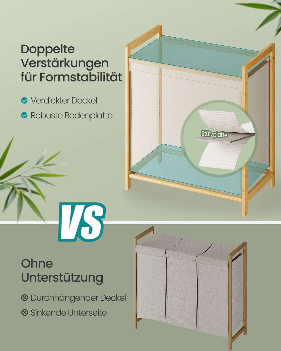 Wäschekorb Mit Bambusrahmen Und Zwei Fächern - 65 cm Breit - Für Größeren Haushalt