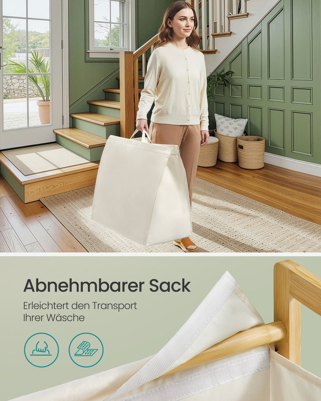 Wäschekorb Mit Bambusrahmen Und Zwei Fächern - 65 cm Breit - Für Größeren Haushalt