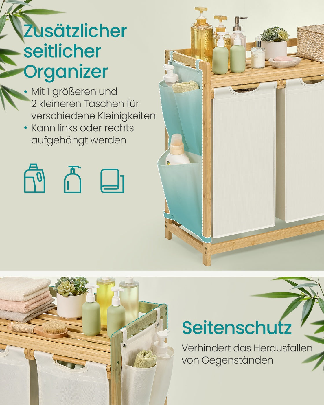 Bambus-Wäschekorb mit 3 Fächern - 150 Liter