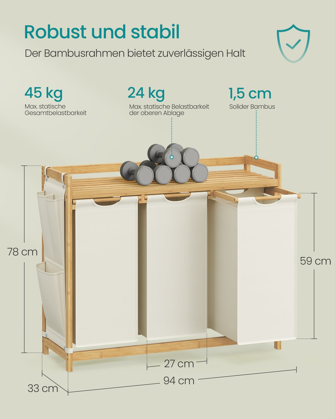 Bambus-Wäschekorb mit 3 Fächern - 150 Liter